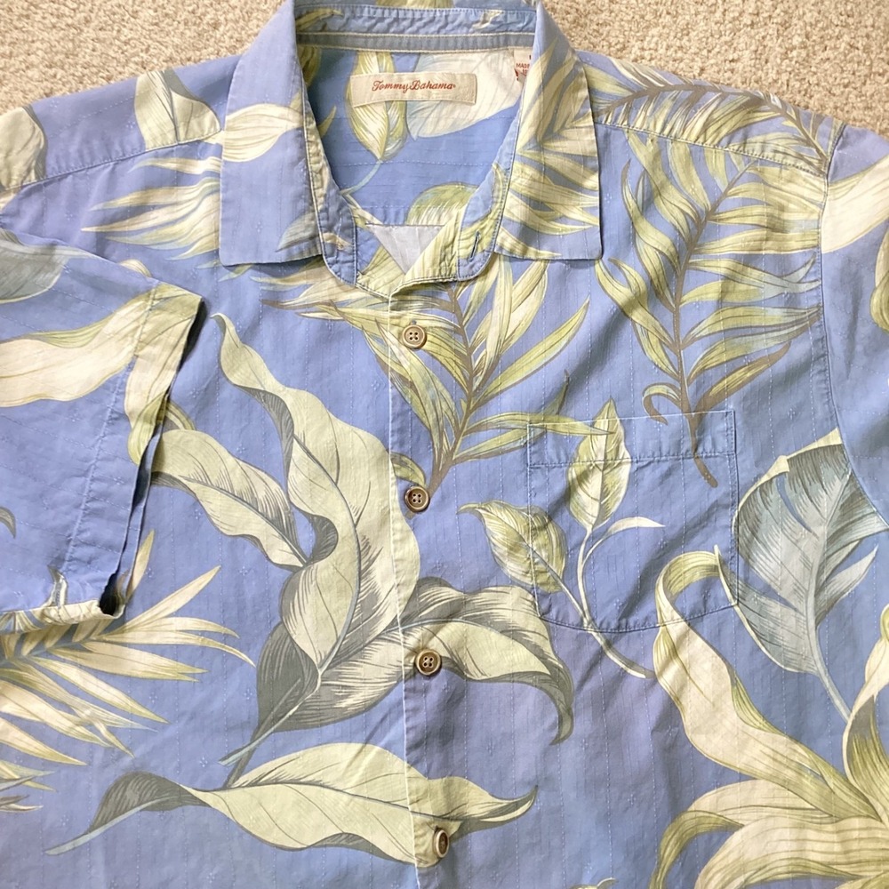 Tommy Bahama Button Front Shirt Mens Large Blue Silk Tropical Palm Leaf Print